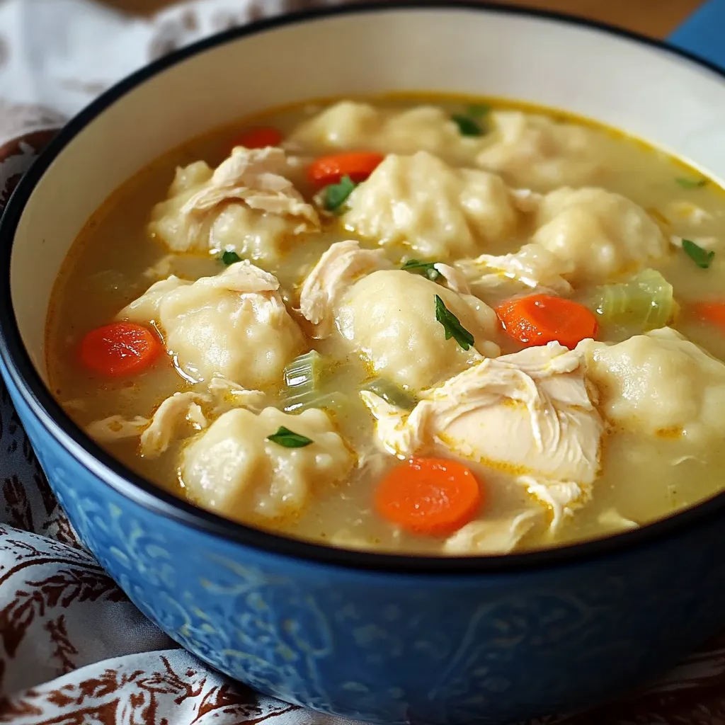 Chicken and Dumpling Soup served in a rustic bowl with garnished parsley – a warm and hearty comfort food perfect for any occasion.