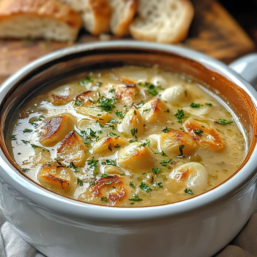 A rustic bowl of Country French Garlic Soup, garnished with fresh parsley, served with crusty bread on a wooden table.