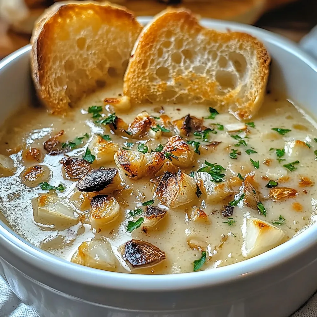 A rustic bowl of Country French Garlic Soup, garnished with fresh parsley, served with crusty bread on a wooden table.