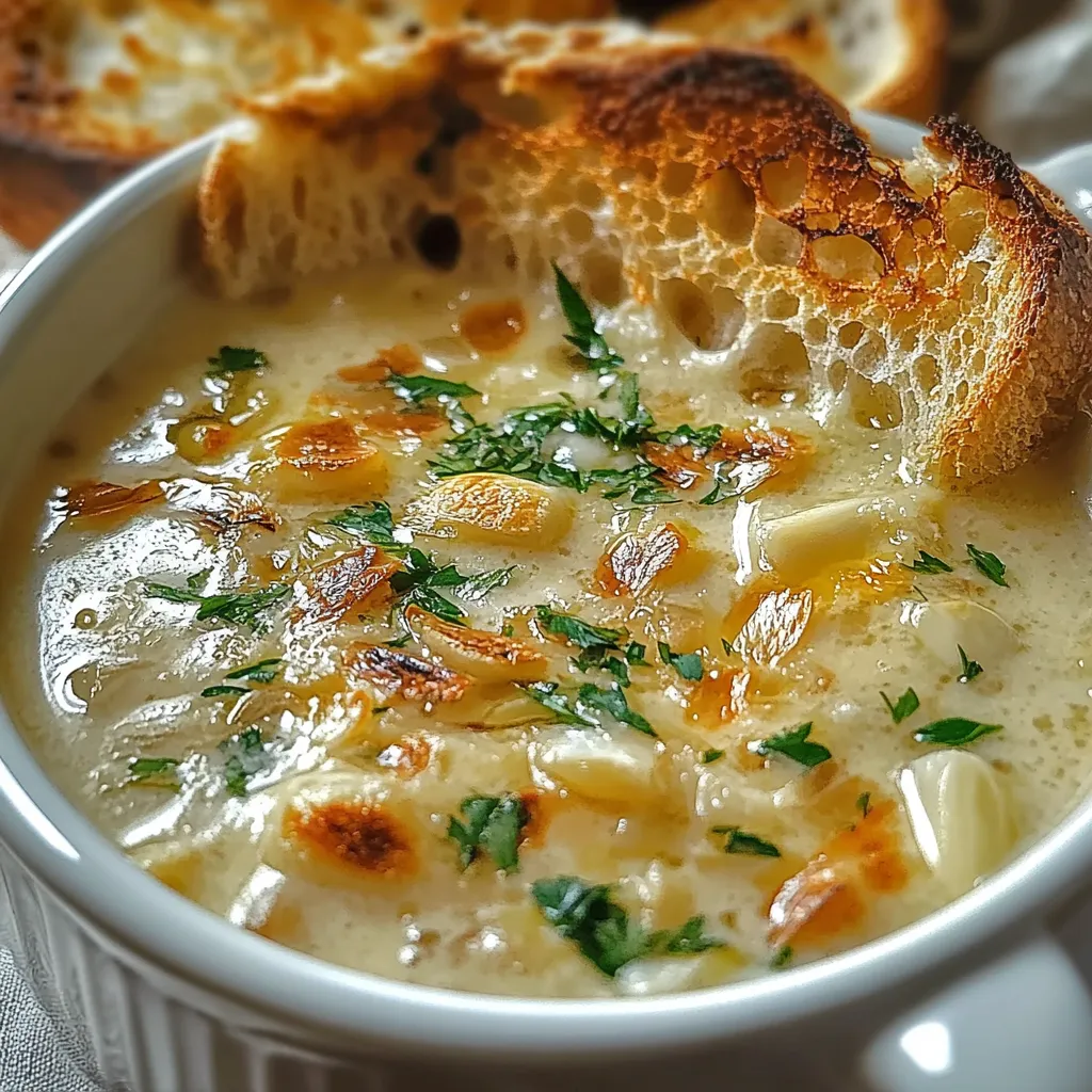 A rustic bowl of Country French Garlic Soup, garnished with fresh parsley, served with crusty bread on a wooden table.