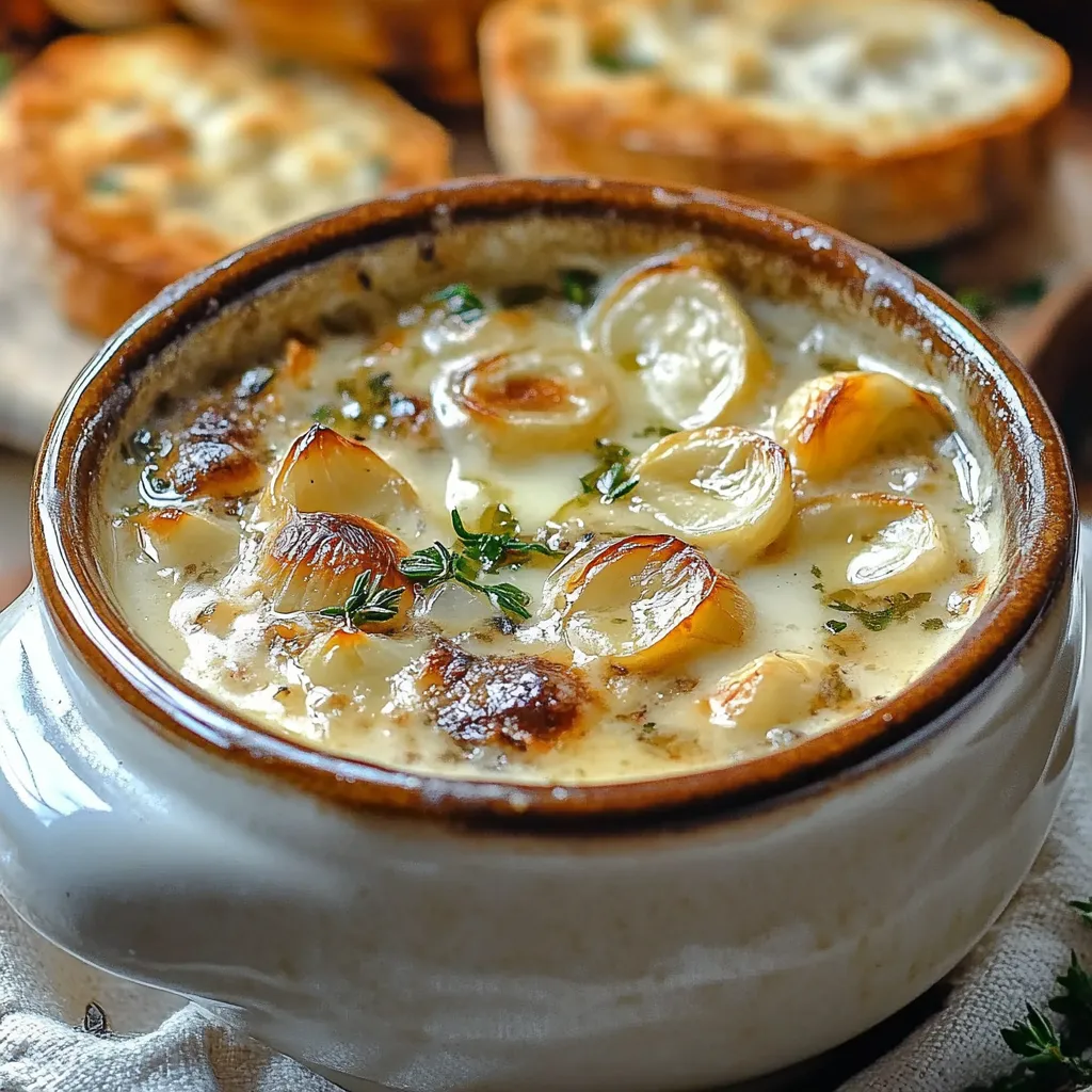 A rustic bowl of Country French Garlic Soup, garnished with fresh parsley, served with crusty bread on a wooden table.