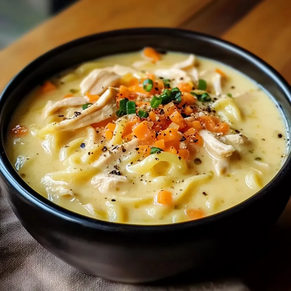 A steaming bowl of creamy chicken noodle soup garnished with fresh parsley, served in a rustic ceramic bowl alongside crusty bread.