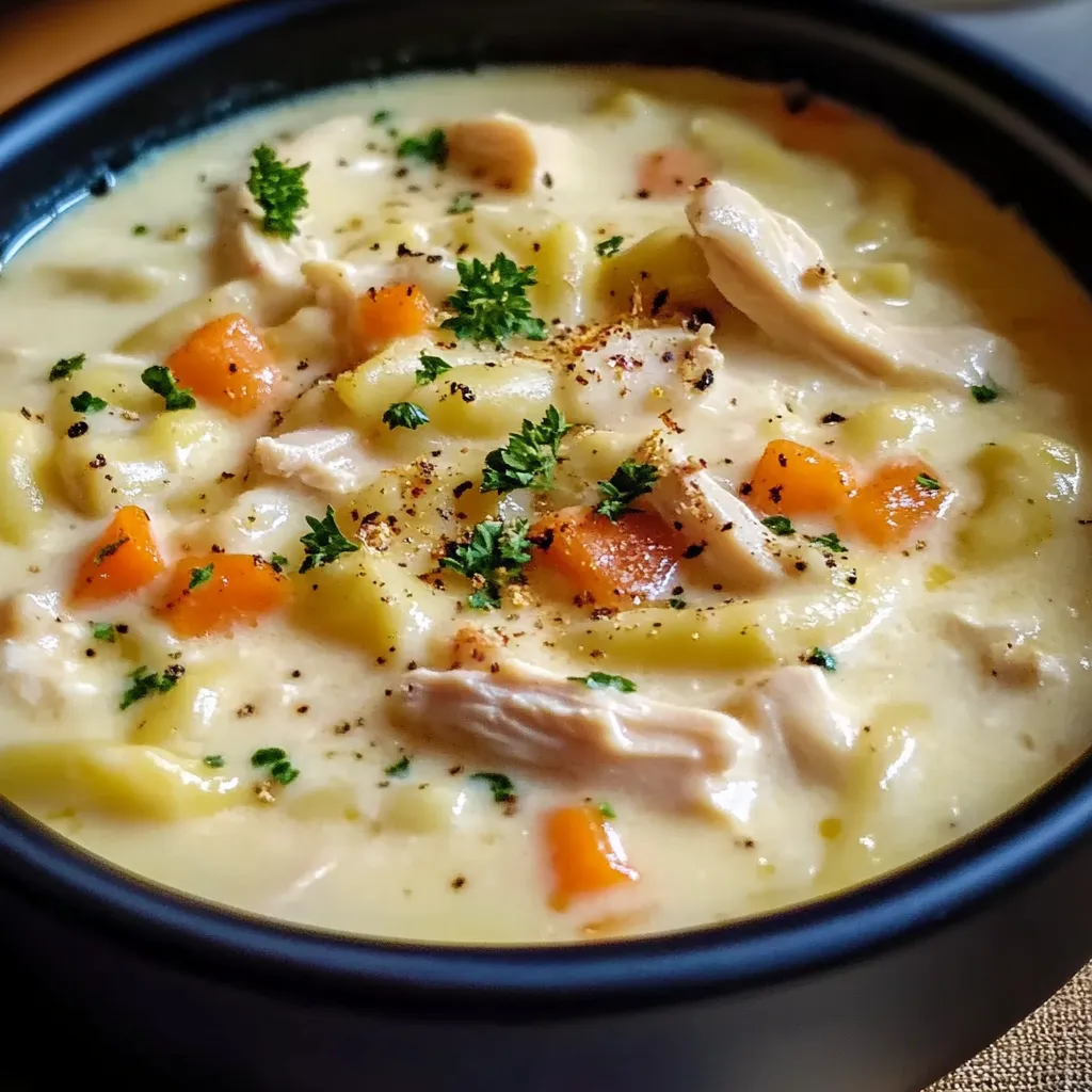 A steaming bowl of creamy chicken noodle soup garnished with fresh parsley, served in a rustic ceramic bowl alongside crusty bread.