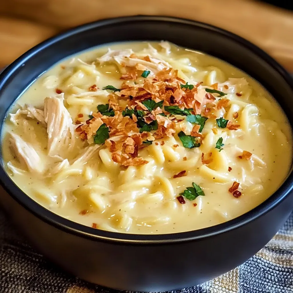 A steaming bowl of creamy chicken noodle soup garnished with fresh parsley, served in a rustic ceramic bowl alongside crusty bread.