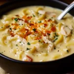 A steaming bowl of creamy chicken noodle soup garnished with fresh parsley, served in a rustic ceramic bowl alongside crusty bread.