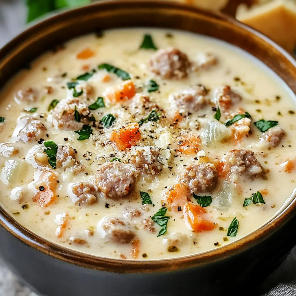 A comforting bowl of Velvety Italian Sausage Parmesan Soup, rich with creamy broth, hearty sausage, and fresh spinach, perfect for any meal.