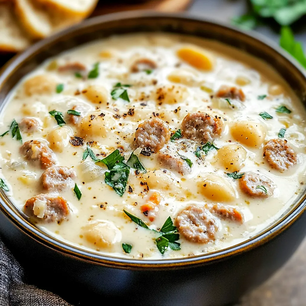 A bowl of Velvety Italian Sausage Parmesan Soup garnished with fresh spinach and Parmesan cheese, served with crusty bread on the side.