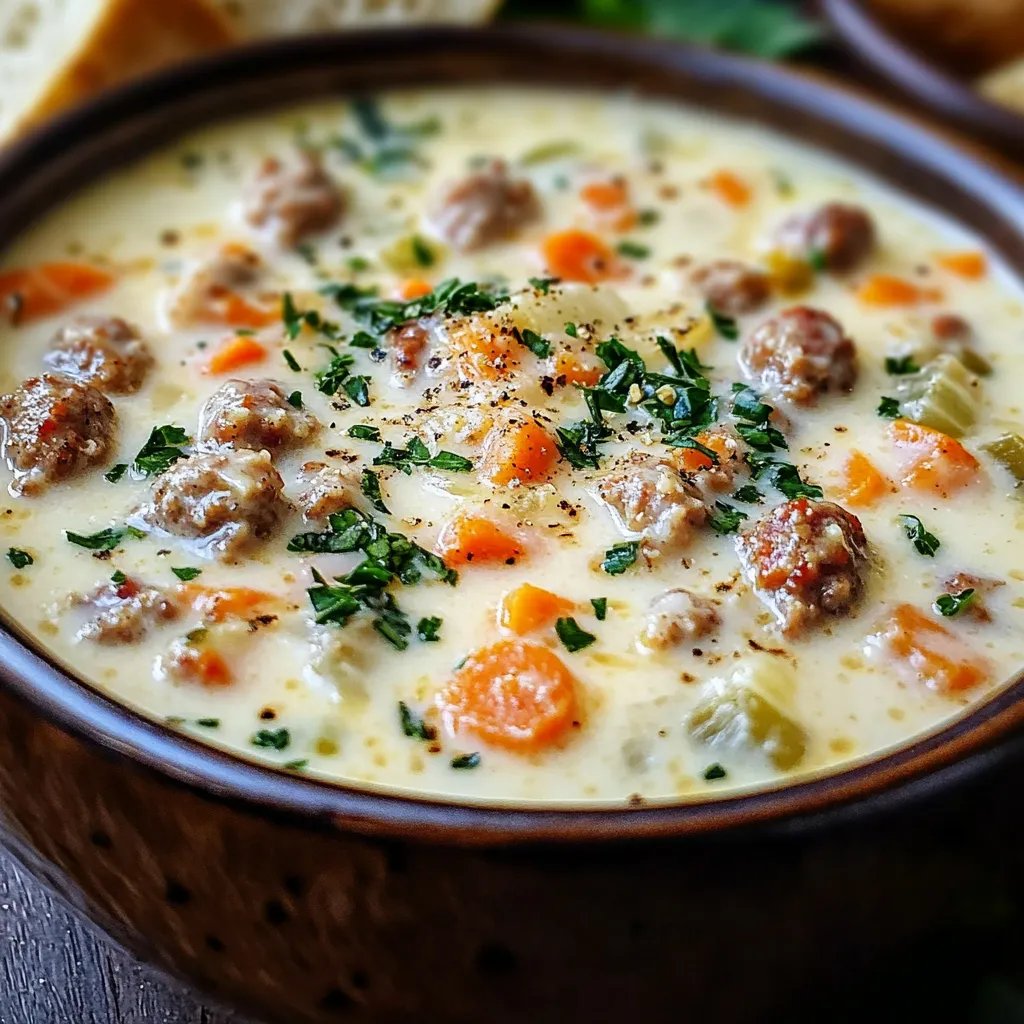 A bowl of Velvety Italian Sausage Parmesan Soup garnished with fresh spinach and Parmesan cheese, served with crusty bread on the side.