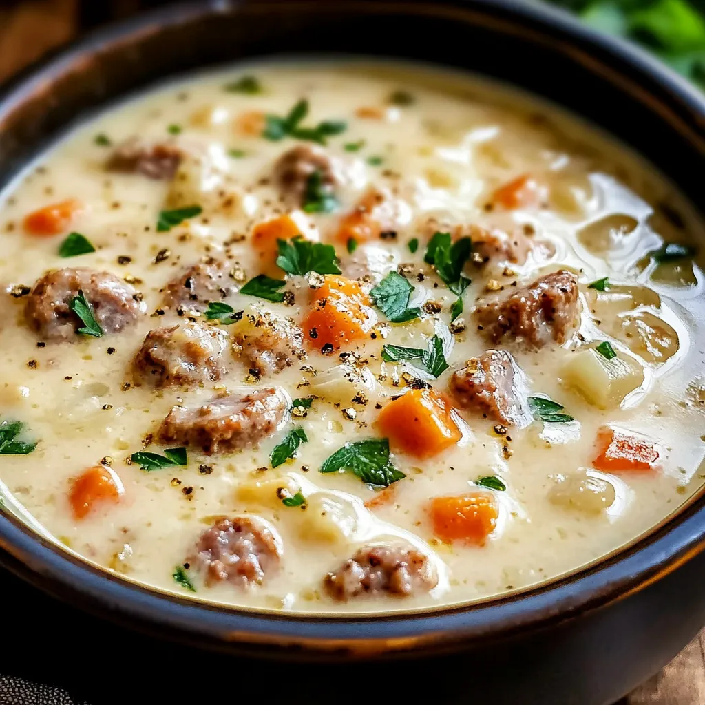 A bowl of Velvety Italian Sausage Parmesan Soup garnished with fresh spinach and Parmesan cheese, served with crusty bread on the side.