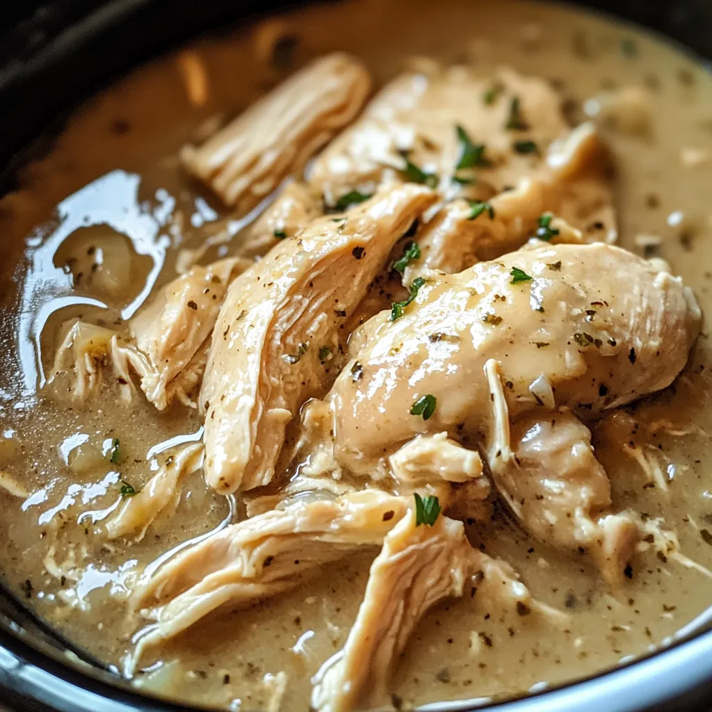 Crock Pot Chicken and Gravy served over mashed potatoes with a garnish of parsley on a white plate.