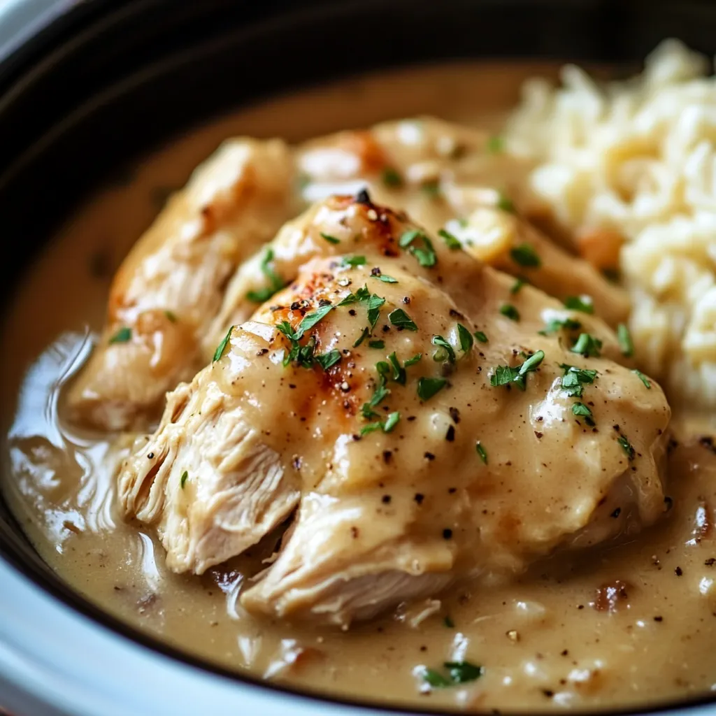 Crock Pot Chicken and Gravy served over mashed potatoes with a garnish of parsley on a white plate.