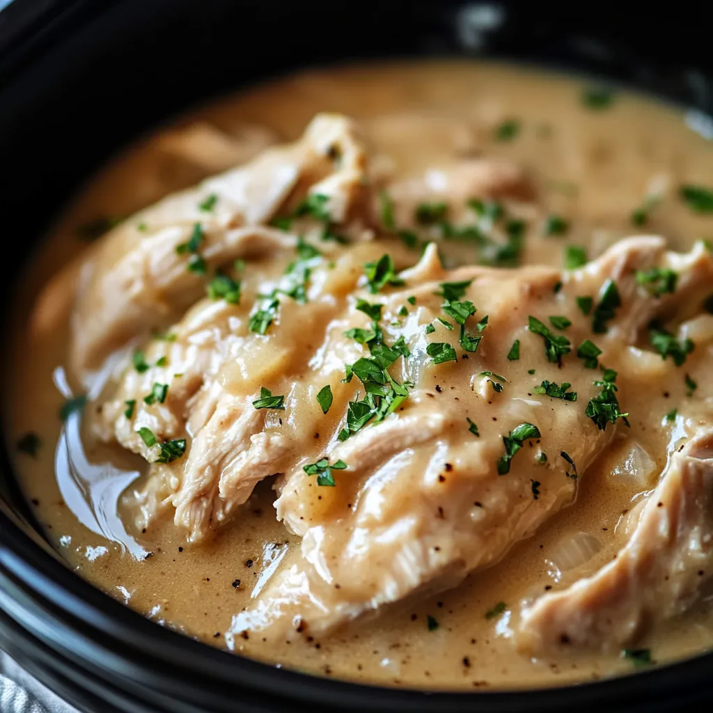 Crock Pot Chicken and Gravy served over mashed potatoes with a garnish of parsley on a white plate.