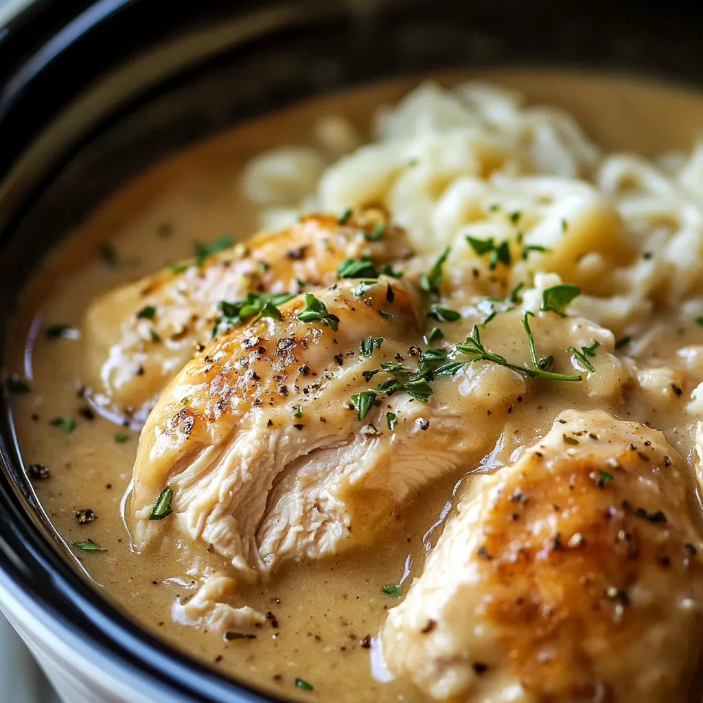 Crock Pot Chicken and Gravy served over mashed potatoes with a garnish of parsley on a white plate.