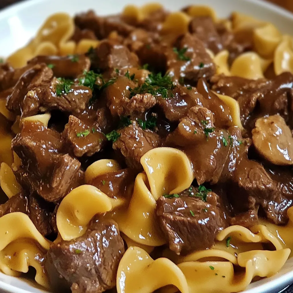 Tender Crockpot Beef Tips served over buttery egg noodles with fresh parsley garnish.