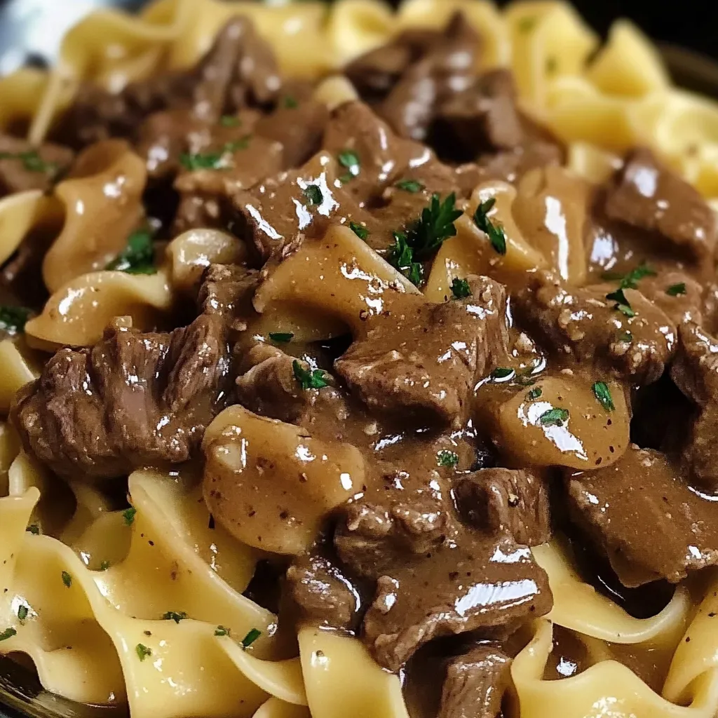 Tender Crockpot Beef Tips served over buttery egg noodles with fresh parsley garnish.