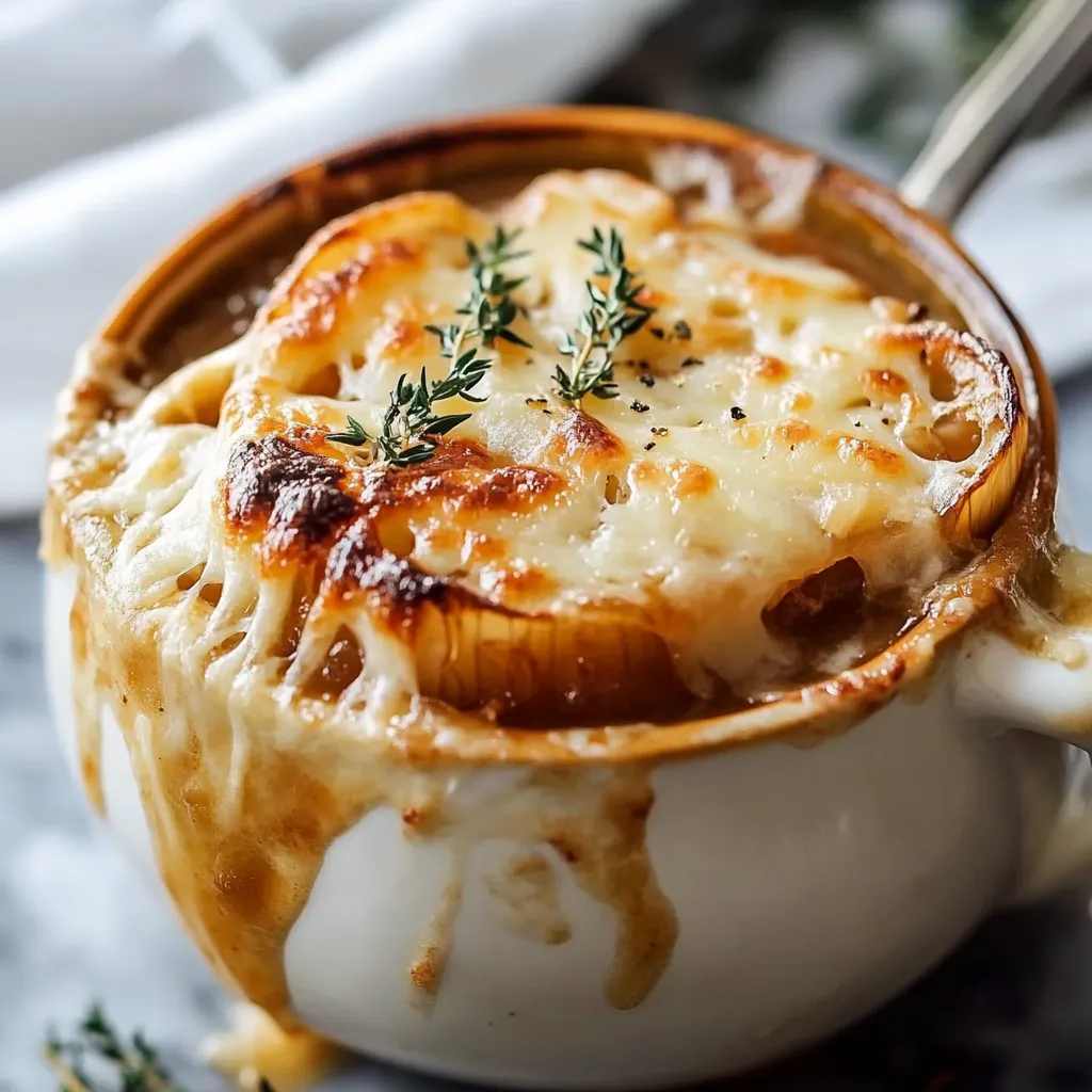 A bowl of French onion soup topped with melted Gruyère cheese and toasted baguette slices, served in a ceramic crock.