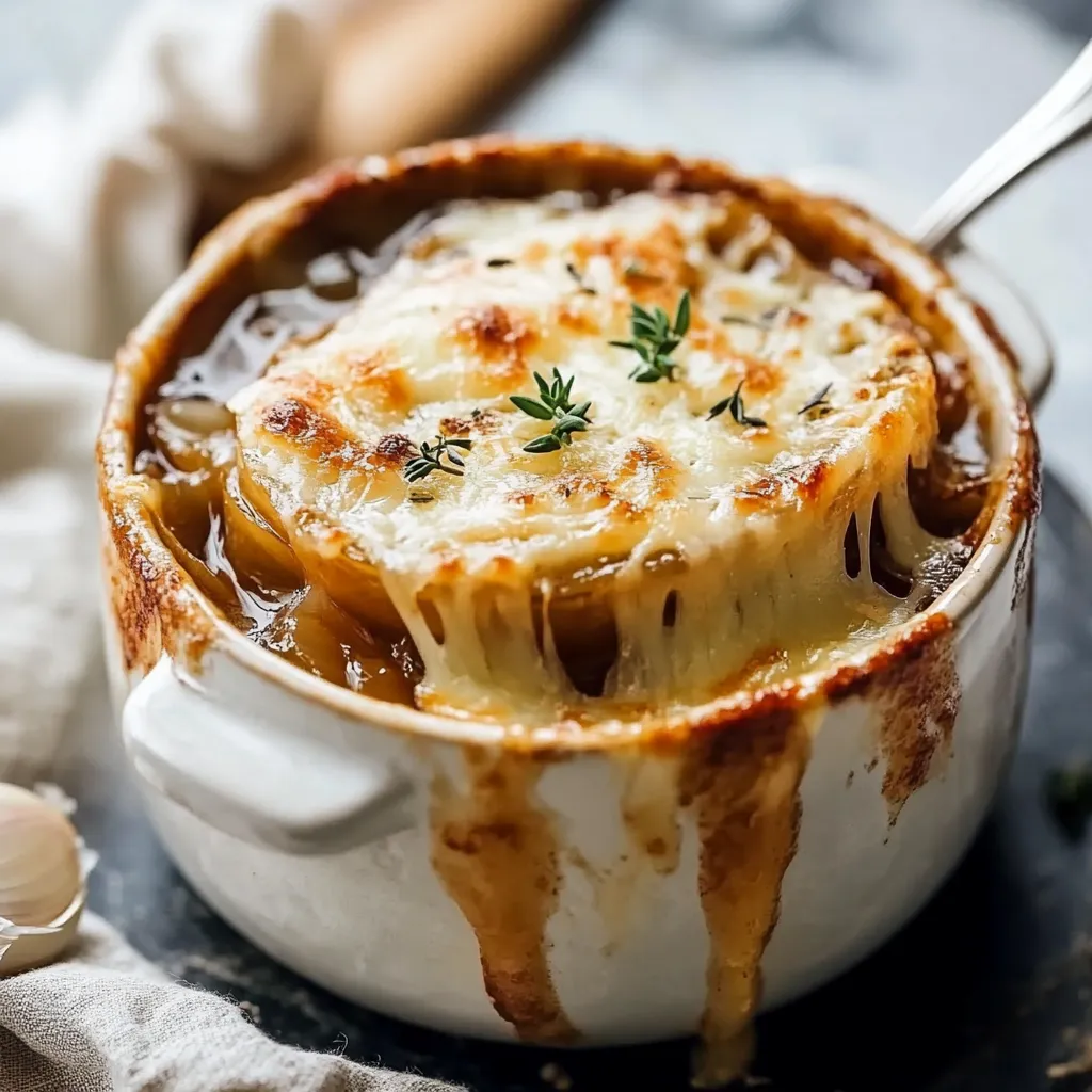 A bowl of French onion soup topped with melted Gruyère cheese and toasted baguette slices, served in a ceramic crock.