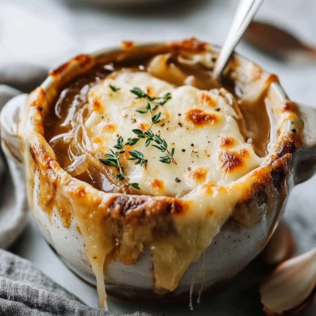 A bowl of French onion soup topped with melted Gruyère cheese and toasted baguette slices, served in a ceramic crock.