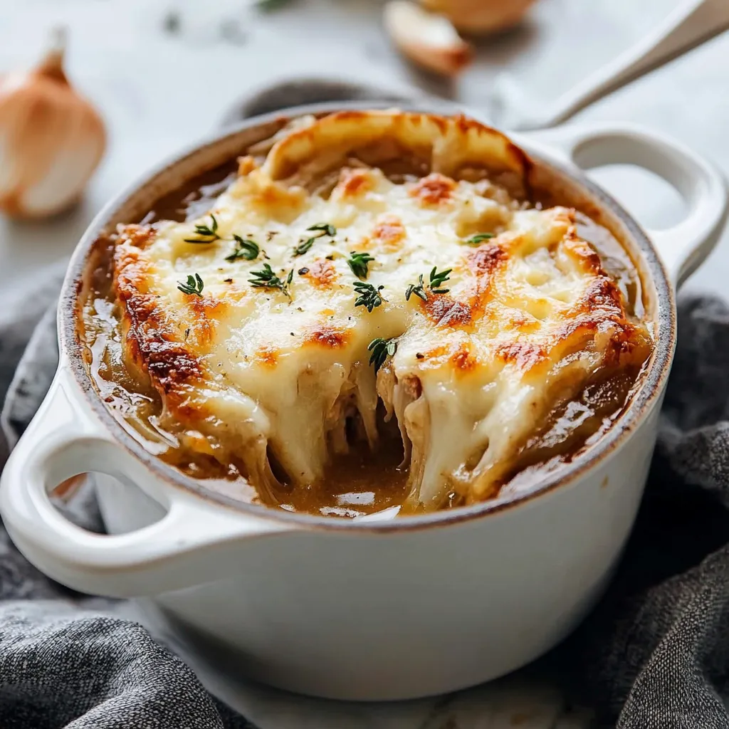 A bowl of French onion soup topped with melted Gruyère cheese and toasted baguette slices, served in a ceramic crock.