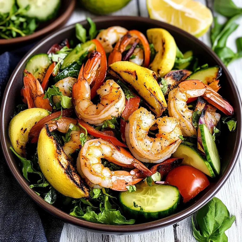 A vibrant grilled shrimp salad with mixed greens, avocado, cherry tomatoes, and a tangy homemade dressing.