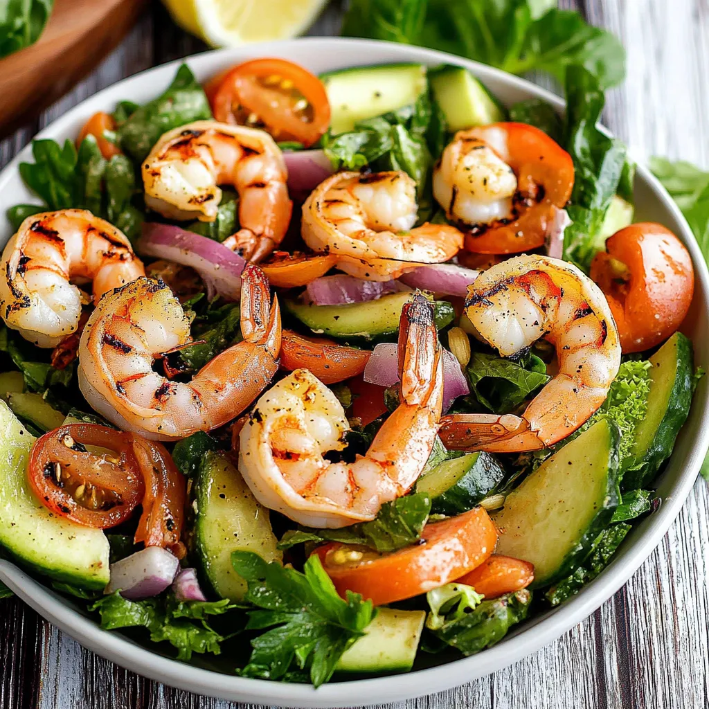 A vibrant grilled shrimp salad with mixed greens, avocado, cherry tomatoes, and a tangy homemade dressing.