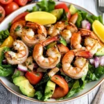 A vibrant grilled shrimp salad with mixed greens, avocado, cherry tomatoes, and a tangy homemade dressing.