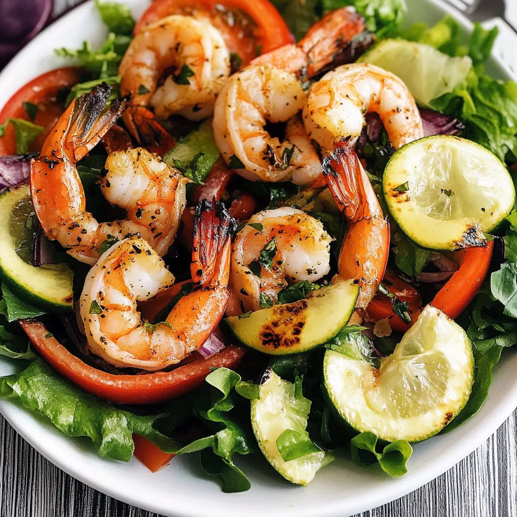 A vibrant grilled shrimp salad with mixed greens, avocado, cherry tomatoes, and a tangy homemade dressing.