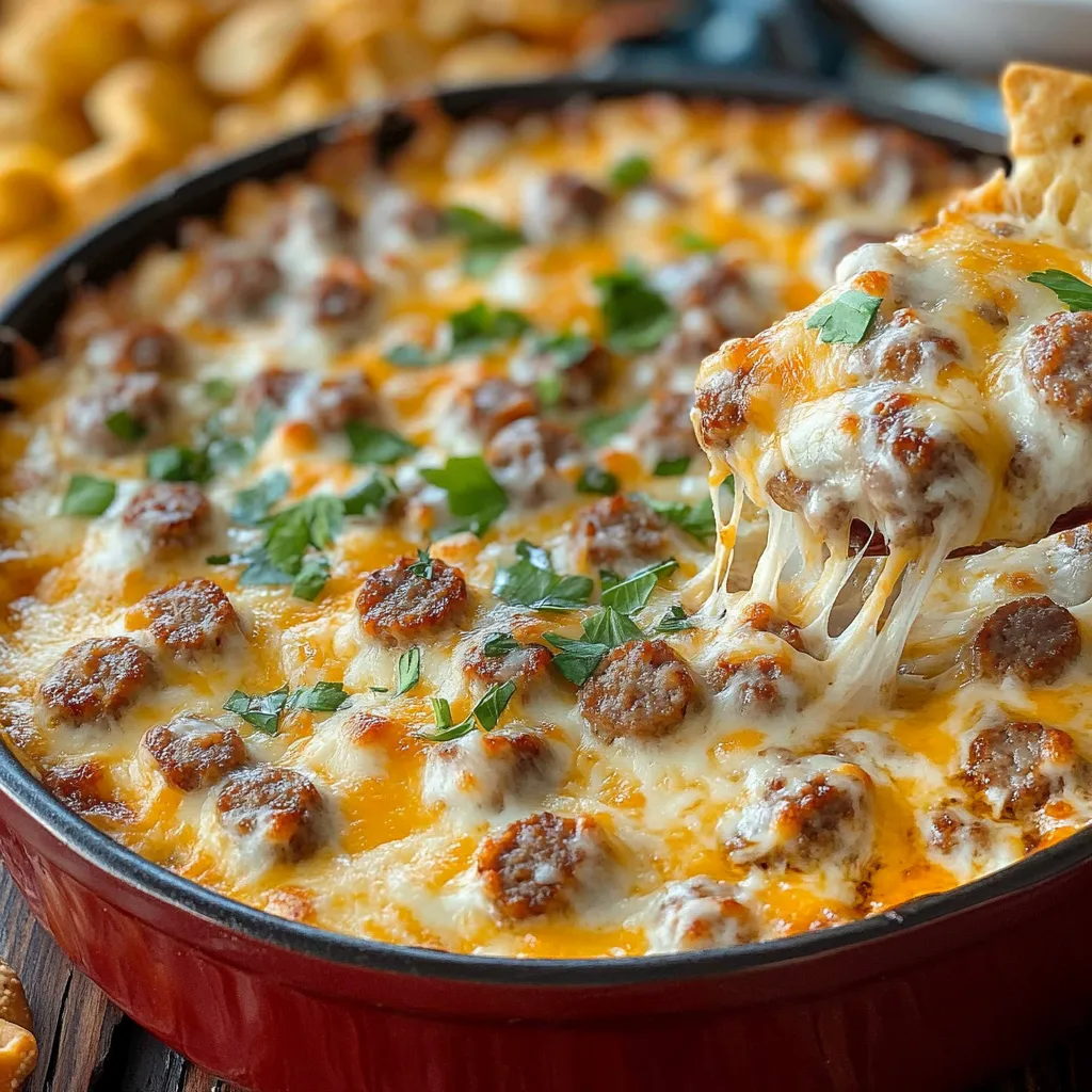 Hot Sausage Beer Cheese Dip served with tortilla chips and pretzels, garnished with fresh chives.