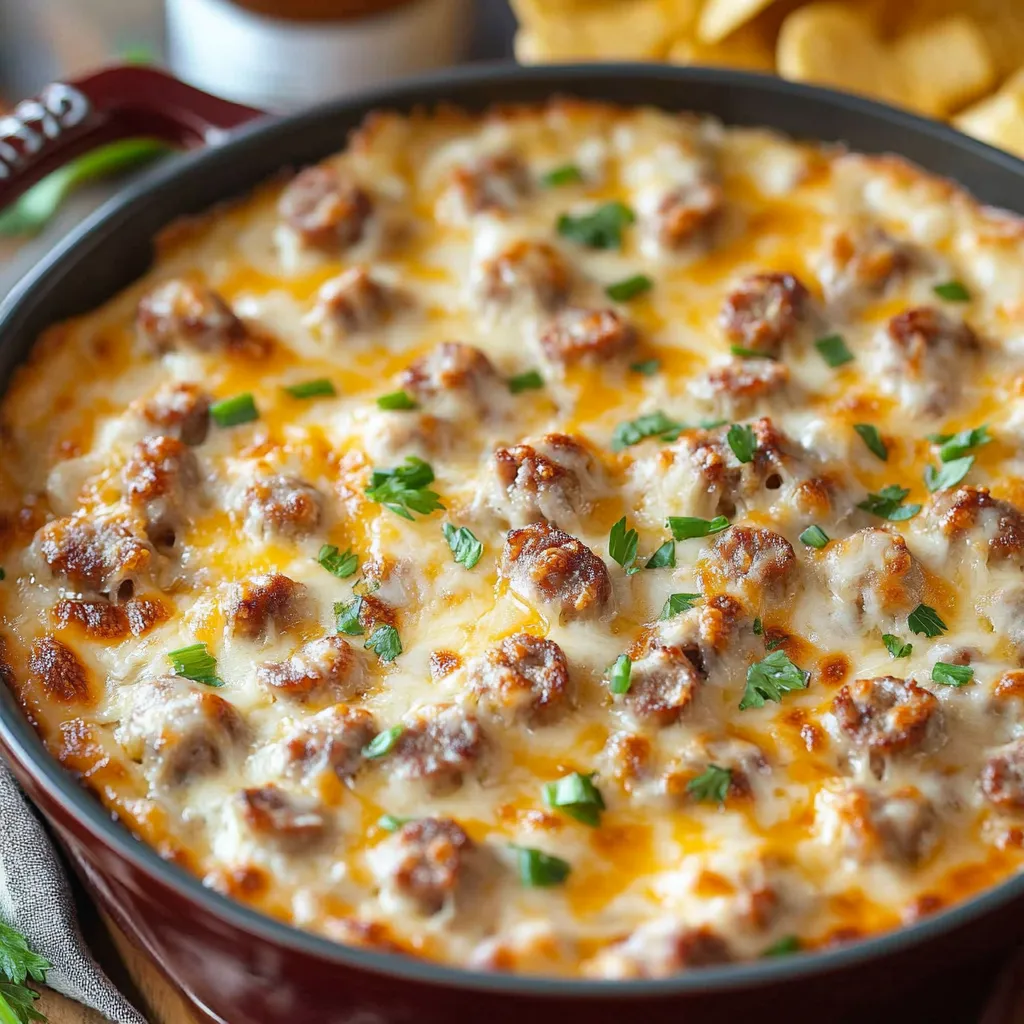 Hot Sausage Beer Cheese Dip served with tortilla chips and pretzels, garnished with fresh chives.