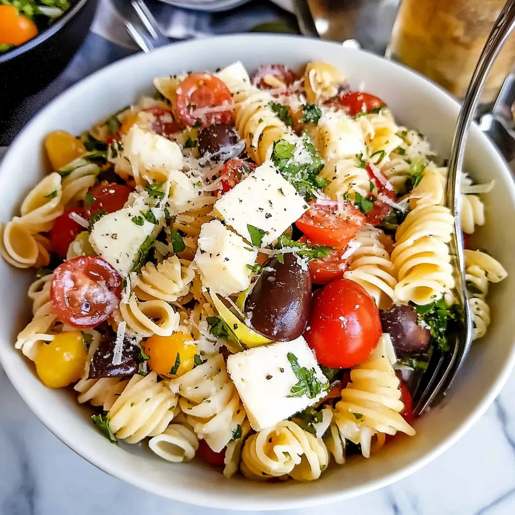 Colorful Italian Pasta Salad with rotini pasta, cherry tomatoes, mozzarella, olives, and parsley in a white bowl.