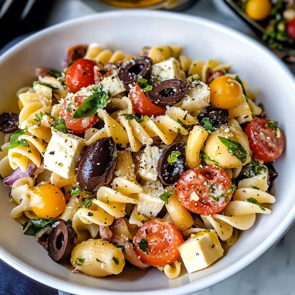 Colorful Italian Pasta Salad with rotini pasta, cherry tomatoes, mozzarella, olives, and parsley in a white bowl.