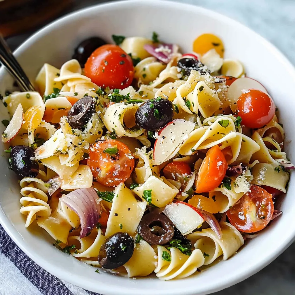 Colorful Italian Pasta Salad with rotini pasta, cherry tomatoes, mozzarella, olives, and parsley in a white bowl.