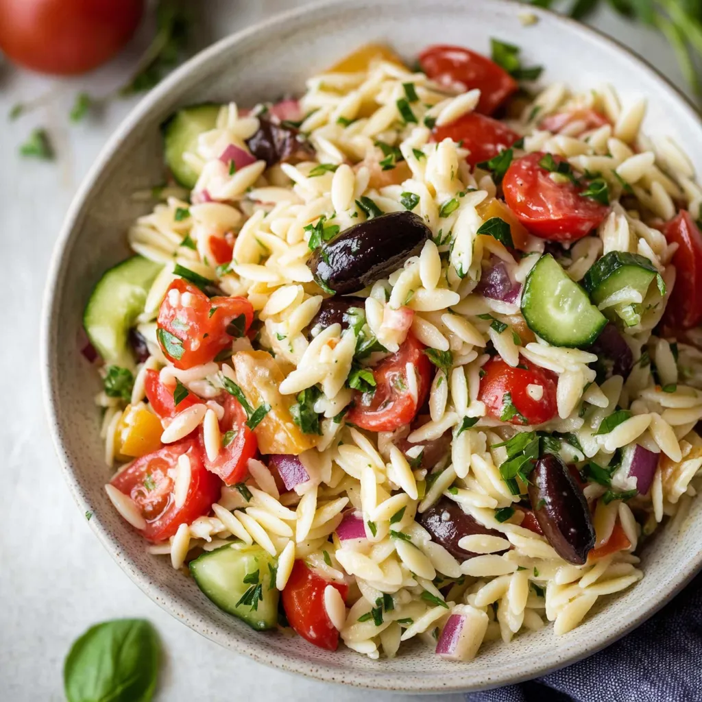 A vibrant Mediterranean Orzo Pasta Salad featuring orzo pasta, cherry tomatoes, cucumbers, red onions, Kalamata olives, and feta cheese, tossed in a tangy lemon vinaigrette.