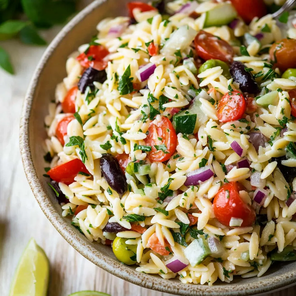 A vibrant Mediterranean Orzo Pasta Salad featuring orzo pasta, cherry tomatoes, cucumbers, red onions, Kalamata olives, and feta cheese, tossed in a tangy lemon vinaigrette.