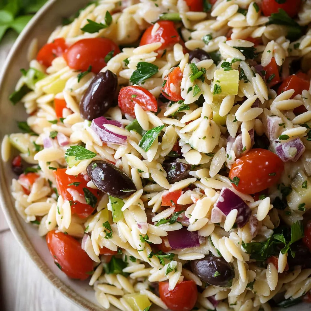 A vibrant Mediterranean Orzo Pasta Salad featuring orzo pasta, cherry tomatoes, cucumbers, red onions, Kalamata olives, and feta cheese, tossed in a tangy lemon vinaigrette.