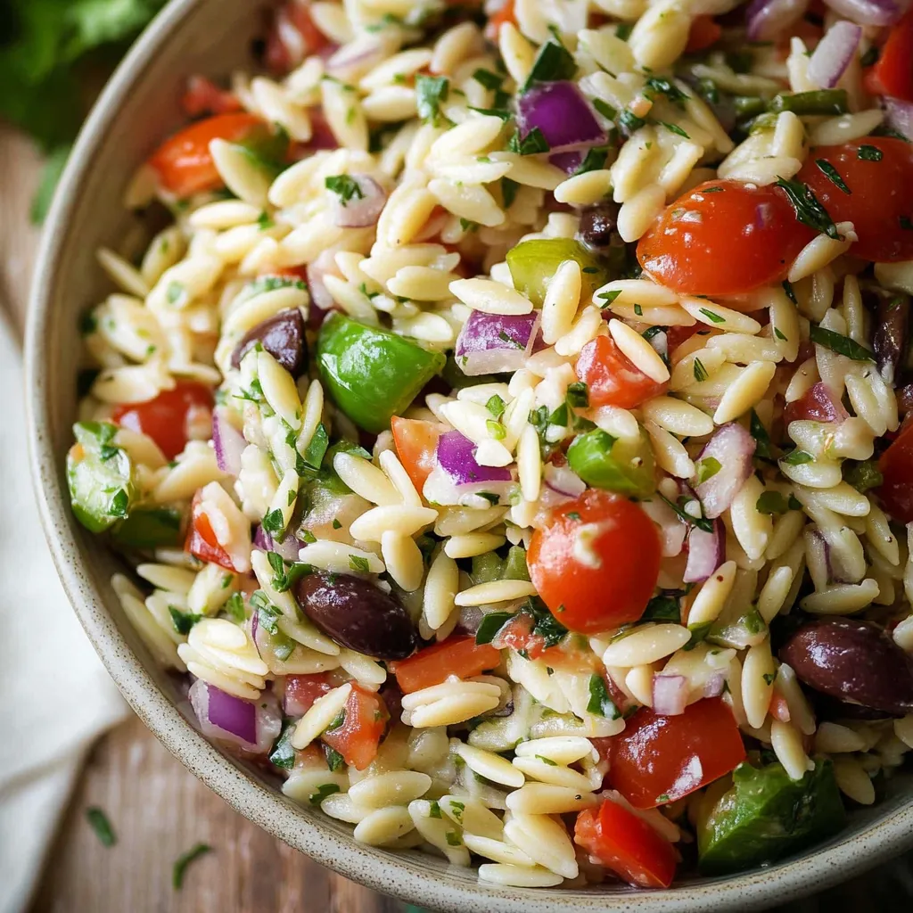 A vibrant Mediterranean Orzo Pasta Salad featuring orzo pasta, cherry tomatoes, cucumbers, red onions, Kalamata olives, and feta cheese, tossed in a tangy lemon vinaigrette.