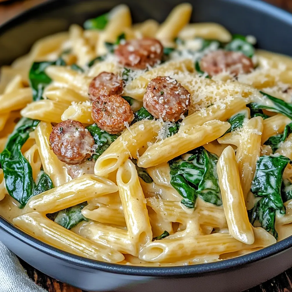 One-pan creamy penne with spinach and Italian sausage served in a skillet, garnished with fresh parsley and Parmesan.