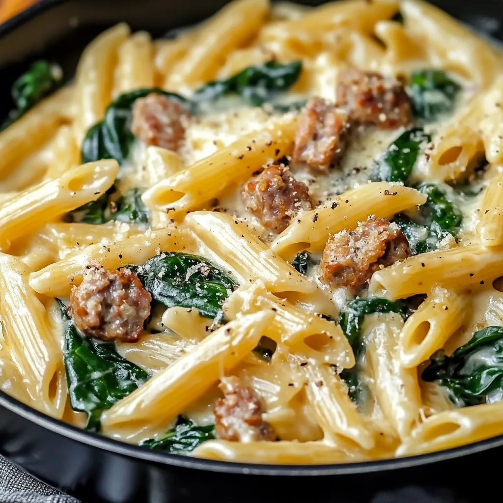 One-pan creamy penne with spinach and Italian sausage served in a skillet, garnished with fresh parsley and Parmesan.