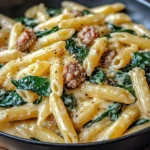 One-pan creamy penne with spinach and Italian sausage served in a skillet, garnished with fresh parsley and Parmesan.