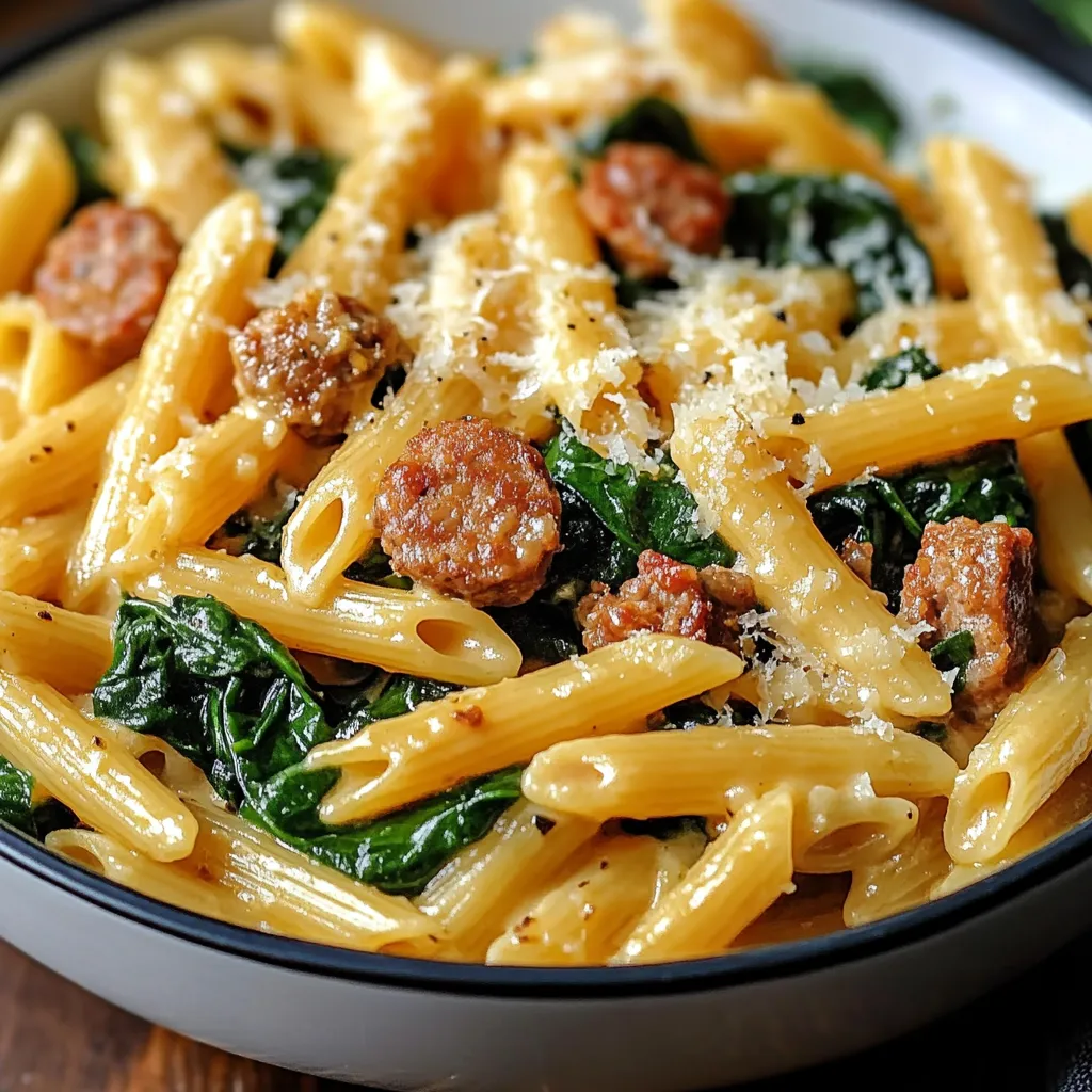 One-pan creamy penne with spinach and Italian sausage served in a skillet, garnished with fresh parsley and Parmesan.