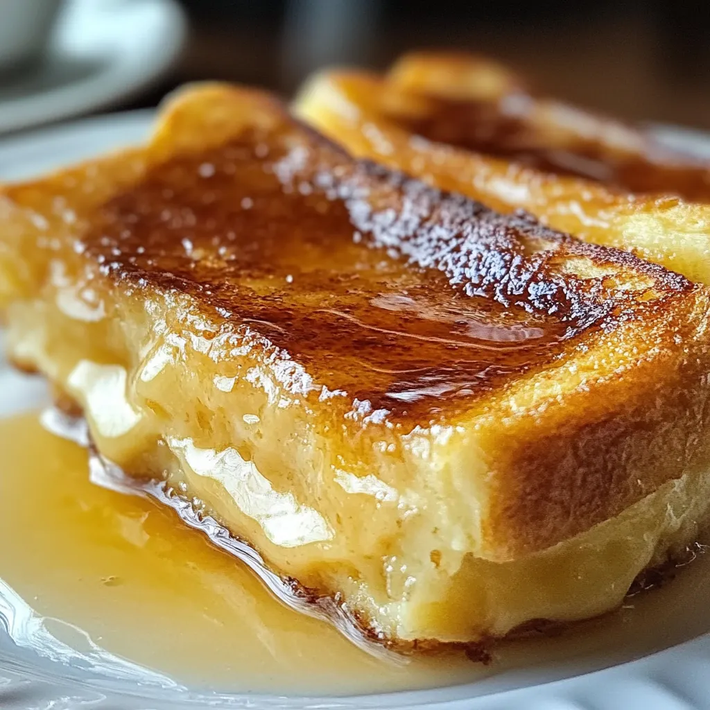 Overnight Crème Brûlée French Toast in a baking dish with golden caramelized topping, garnished with fresh berries.