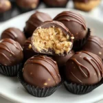 A plate of delicious Peanut Butter Balls arranged neatly, garnished with chocolate chips and oats, perfect for snacks or holiday treats.