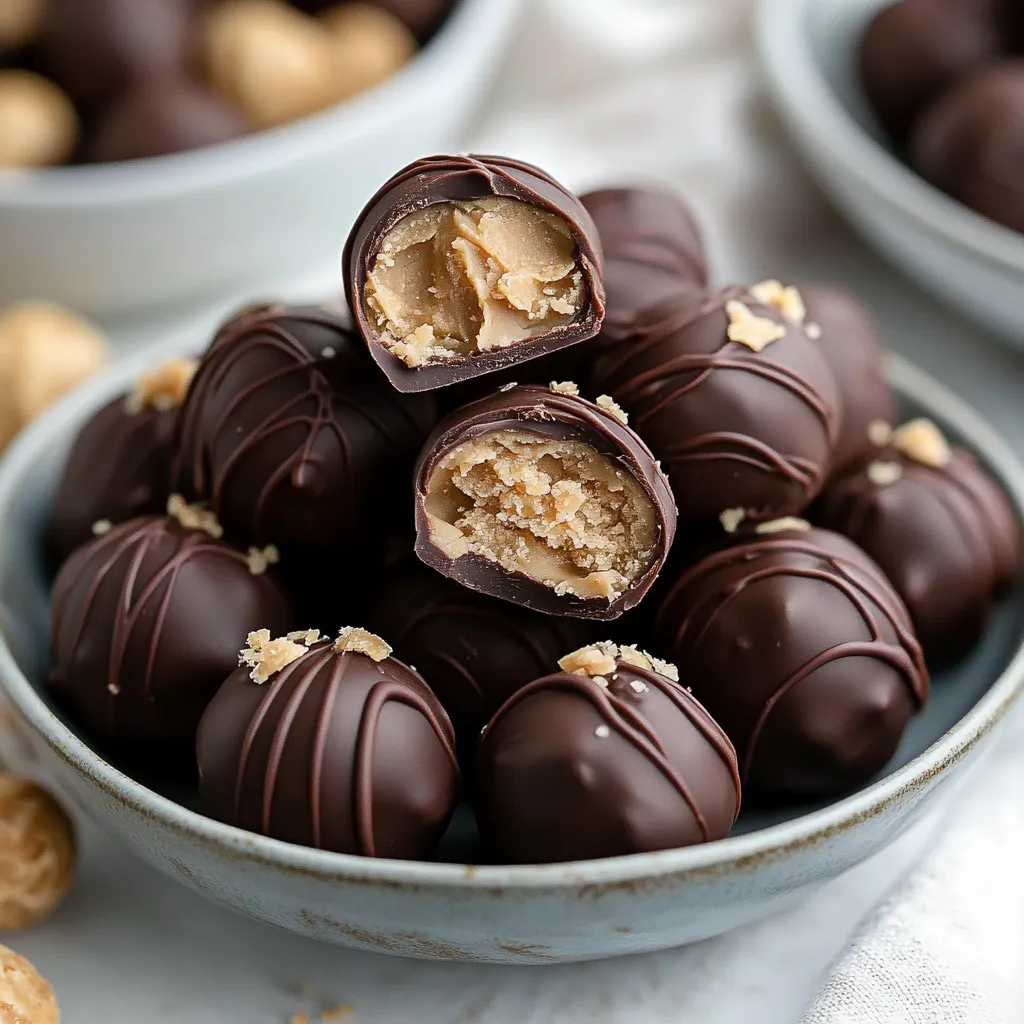 A plate of delicious Peanut Butter Balls arranged neatly, garnished with chocolate chips and oats, perfect for snacks or holiday treats.