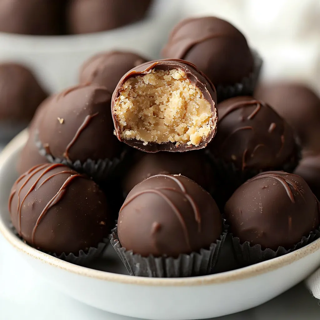 A plate of delicious Peanut Butter Balls arranged neatly, garnished with chocolate chips and oats, perfect for snacks or holiday treats.