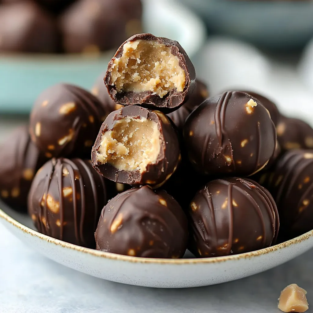 A plate of delicious Peanut Butter Balls arranged neatly, garnished with chocolate chips and oats, perfect for snacks or holiday treats.