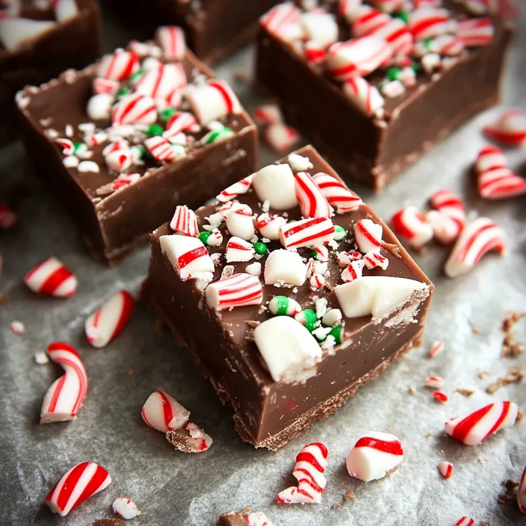 Squares of peppermint fudge topped with crushed candy canes on a festive holiday plate.