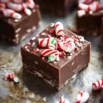 Squares of peppermint fudge topped with crushed candy canes on a festive holiday plate.