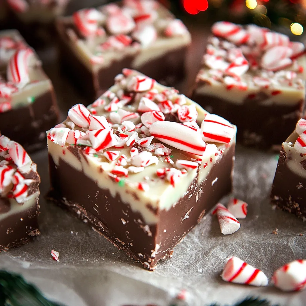 Squares of peppermint fudge topped with crushed candy canes on a festive holiday plate.