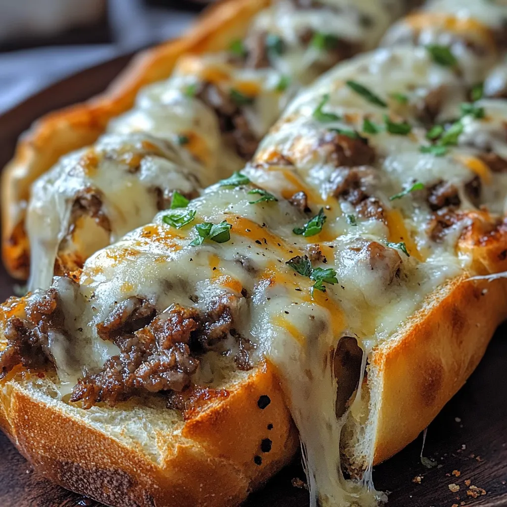 Philly Cheesesteak Cheesy Bread with tender steak, sautéed veggies, gooey cheese, and fresh parsley on a crispy French bread base.