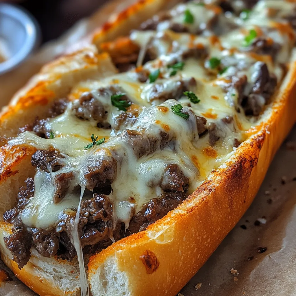 Philly Cheesesteak Cheesy Bread with tender steak, sautéed veggies, gooey cheese, and fresh parsley on a crispy French bread base.